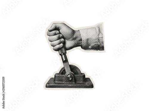 Cuadro en lienzo Hand operating a mechanical lever in halftone style with a vintage cut-out edge