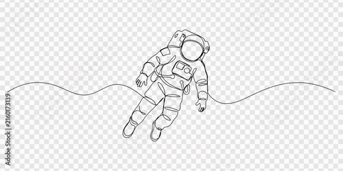 Continuous single line drawing of an astronaut floating in outer space, Minimalist astronaut floating space walk continuous line art drawing vector, Astronaut floating in outer space above a planet 