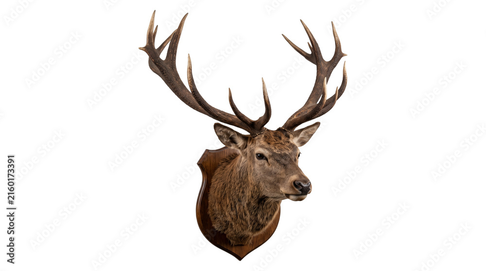 Naklejka premium Majestic red deer head trophy featuring wide impressive antlers mounted on wooden plaque wall display.