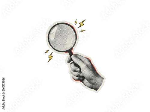 Hand holding a magnifying glass with lightning bolts in a halftone pop art style, transparent background