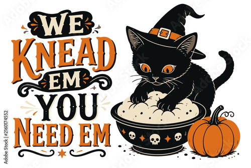 Halloween Black Cat in Witch Hat Kneading Dough with Pumpkin