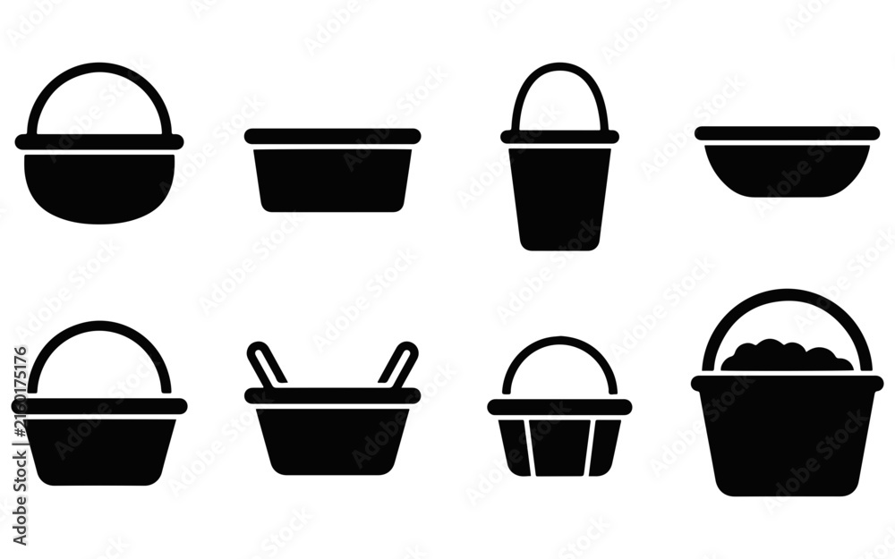 Fototapeta premium A collection of black silhouette icons representing various types of buckets pails and containers for household or garden use
