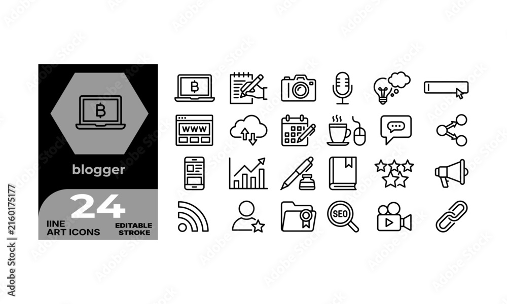 Obraz premium Set of 24 blogger line icons for web and mobile apps