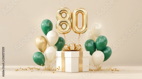 Elegant gold white green balloon celebration for eighty