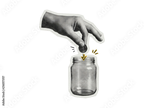Halftone graphic of a hand dropping a coin into a glass jar with yellow accents, transparent background