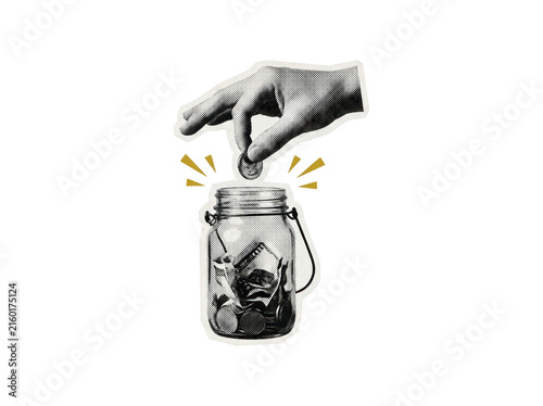 Hand dropping a coin into a glass jar full of money, halftone graphic isolated on transparent background