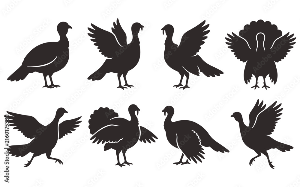 Obraz premium A collection of black turkey silhouettes in various poses including standing walking and displaying feathers for thanksgiving holiday designs