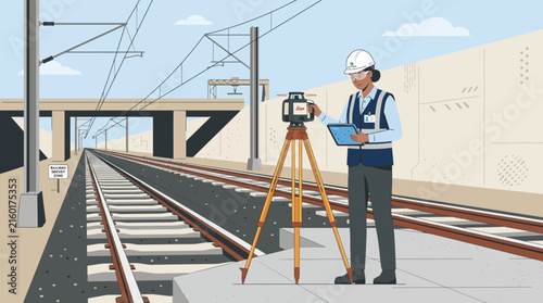 Surveyor on railway track using digital equipment and tablet