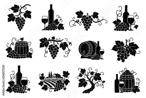 Vector Art Wine Icons Featuring Grapes Bottles Barrels and Vineyards