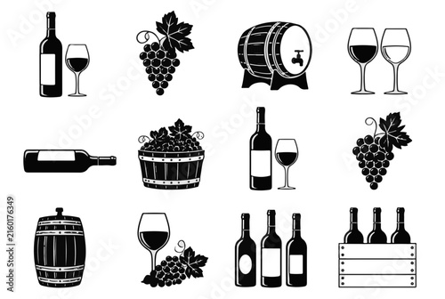 Wine Icons Bottles Glasses Grapes and Barrels in Black and White