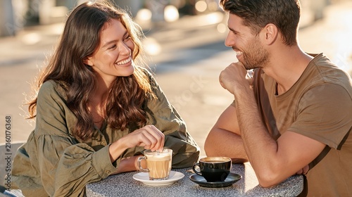 Un couple souriant partage un café en terrasse lors d'un rendez-vous romantique