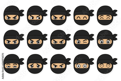 Cartoon Ninja Faces Grid with Diverse Expressive Emotions and Styles