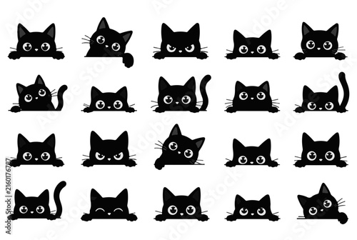 Cute Black Cats with Big Eyes Peeking over a Transparent Background