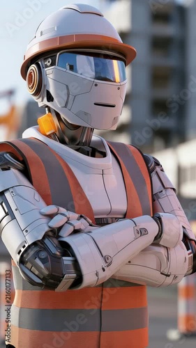 An advanced humanoid robot checking a work site while wearing a hard hat and safety vest represents the future of robotics and artificial intelligence in the construction sector.