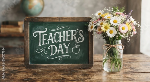 Teacher Day chalkboard with spring field flower bouquet