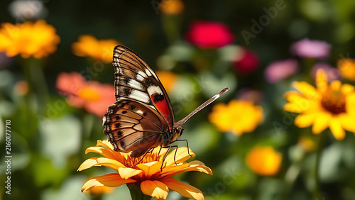 Butterfly with a damaged wing resting on a flower in a sunlit garden.