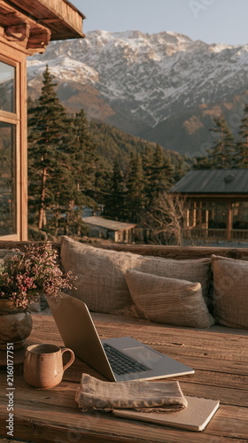 Warm hill view from a quiet porch, with soft chairs, stone walls, green peaks, and a calm dusk glow for cozy home, travel, and slow life ideas in air.