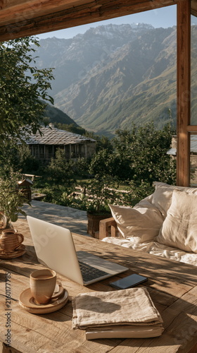 Warm hill view from a quiet porch, with soft chairs, stone walls, green peaks, and a calm dusk glow for cozy home, travel, and slow life ideas in air.