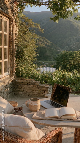 Cozy hill view from a sunlit porch with a lap top, soft chair, warm wood, and green slopes, ideal for calm work, slow life, and home mood boards dawn.