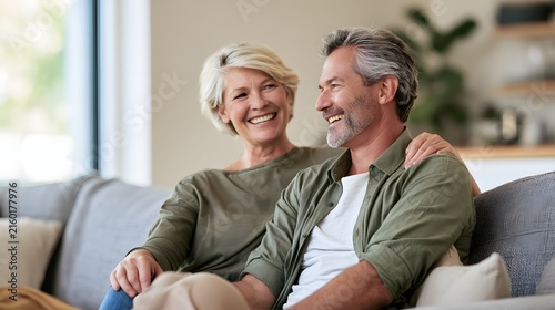 healthy elderly couple enjoying quality time together at home, senior husband and wife having a relaxed conversation in a bright contemporary living room, natural smiles, comfortable casual clothing,