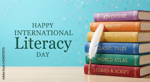 Stack of colorful books for International Literacy Day