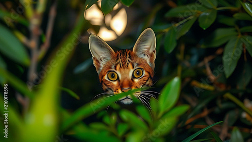 A rust-colored wildcat peering through jungle foliage under moonlight.