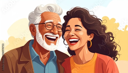 Illustration of a happy laughing senior couple.