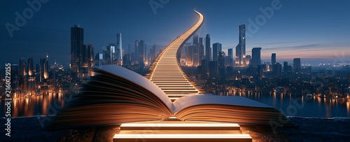 Continuous Learning Concept with Open Book Transforming into an Illuminated Staircase Toward a Futuristic City