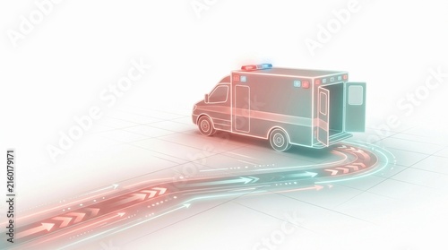 Futuristic Digital Ambulance Hologram with Glowing Light Trails and Arrows for Emergency Medical Tech