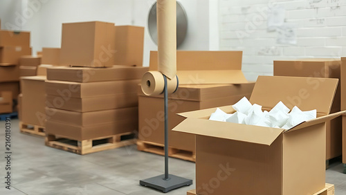 Cardboard boxes, kraft paper roll, and plastic air pillows at packing station, shipping concept