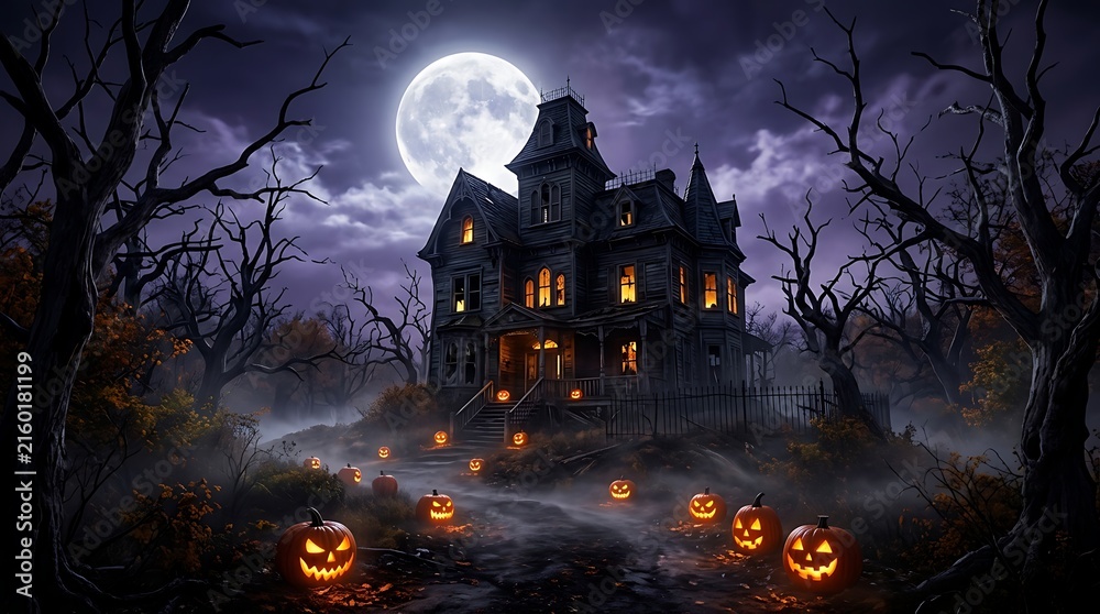 Fototapeta premium Haunted mansion with jack o lanterns under a full moon