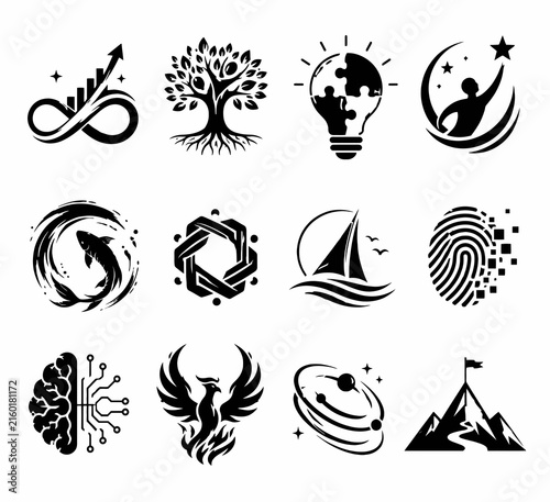 Minimalist black icons set, 12 abstract business symbols, modern conceptual vector logos for branding and corporate identity