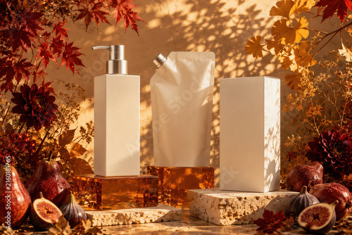 Autumn leaves frame minimalist white product bottles