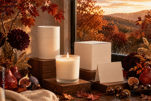 Candle glows warmly beside autumn leaves and fruits