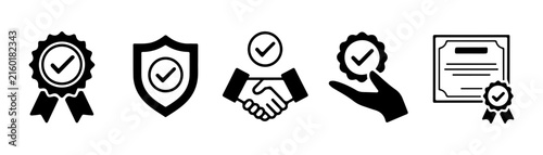 Black verification icons with ribbon shield handshake and certificate for quality assurance business.
