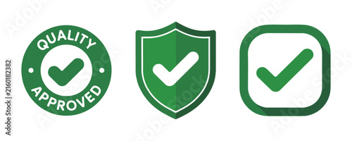 Green quality approved stamp and shield icons with checkmarks for verified product trust.