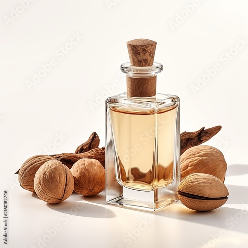 Amber glass bottle with walnut oil and walnuts on white background