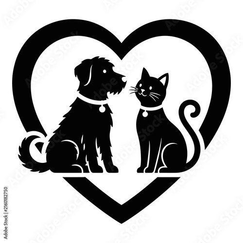 Dog and cat sitting together in heart shape symbol of friendship and love animals