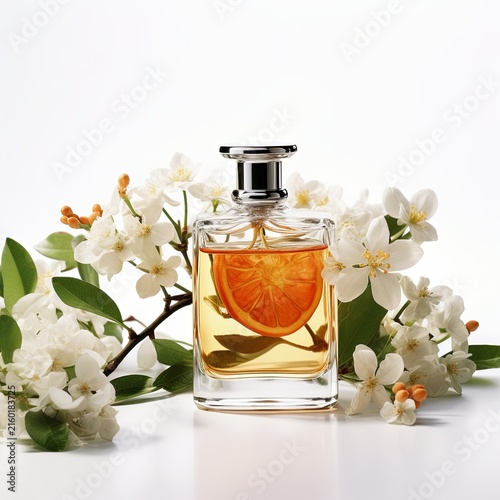 Stunning and Elegant Perfume Bottle Surrounded by White Flowers and Citrus Fruits