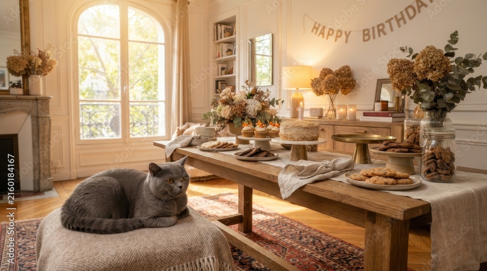 Fototapeta premium Cozy birthday celebration with a British Shorthair cat and sweet treats
