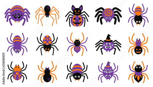 Set of cute cartoon halloween spiders in purple orange black colors featuring various creepy crawly vector designs and funny expressions halloween character arachnid