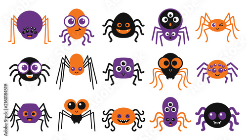 Cute cartoon spider icons set vector illustration collection of funny spiders in orange purple and black colors for halloween design with halloween illustration collection