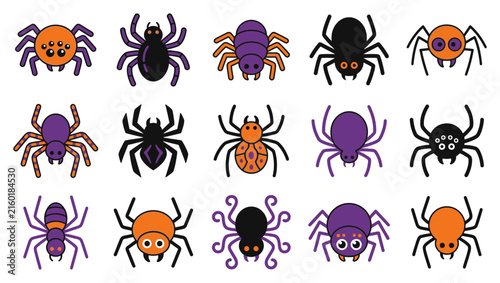 Halloween spiders vector icons set with cute and funny characters halloween collection arachnid decoration illustration character wildlife celebration seasonal
