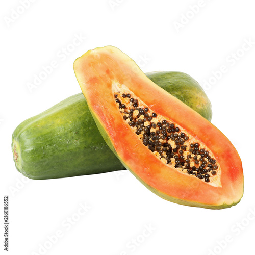 A clean, studio-lit commercial shot showing a vibrant orange papaya sliced lengthwise next to a whole, unpeeled green specimen. The exposed core clearly reveals a dense cluster of glossy.