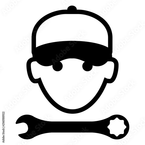 Logo servicio técnico. Icono aislado de manitas con el dibujo sencillo de la cabeza de un hombre con gorra de béisbol y herramienta llave