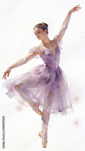 Ballet dancer gracefully poses in flowing purple tutu, capturing elegance and poise against a soft backdrop