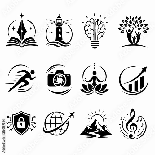 Minimalist black and white logo icons set, 12 professional vector symbols, modern corporate branding elements for business and creative industries