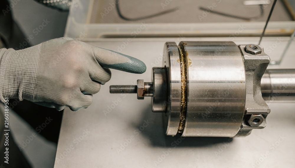 Fototapeta premium Gloved technician hand pointing at a gap in a metal mechanical assembly during inspection