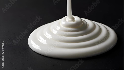 close-up shot of thick, silky white cosmetic lotion pouring in a perfectly smooth spiral swirl onto a dark matte slate surface. High-viscosity creamy texture forming rich concentric ripples and a glos