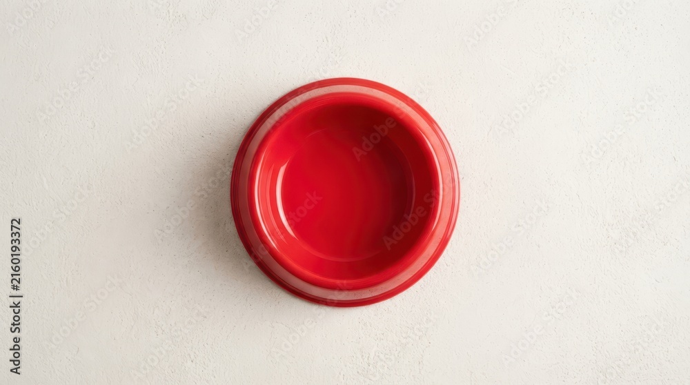 Fototapeta premium Empty red pet food bowl on white textured surface, top view